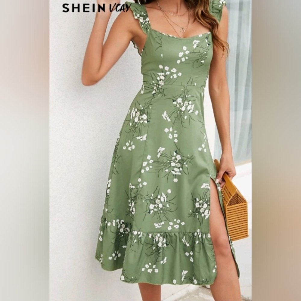 SHEIN Green Floral Midi Dress